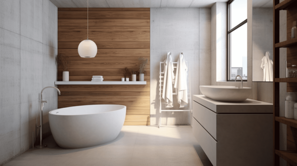 foto bagno in microcemento con dettagli in legno